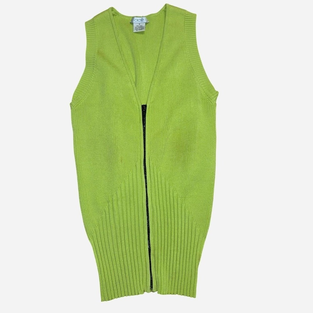 Cache Vintage 90s Lime Green Ribbed Silk Blend Zip Up Vest Top Womens Small